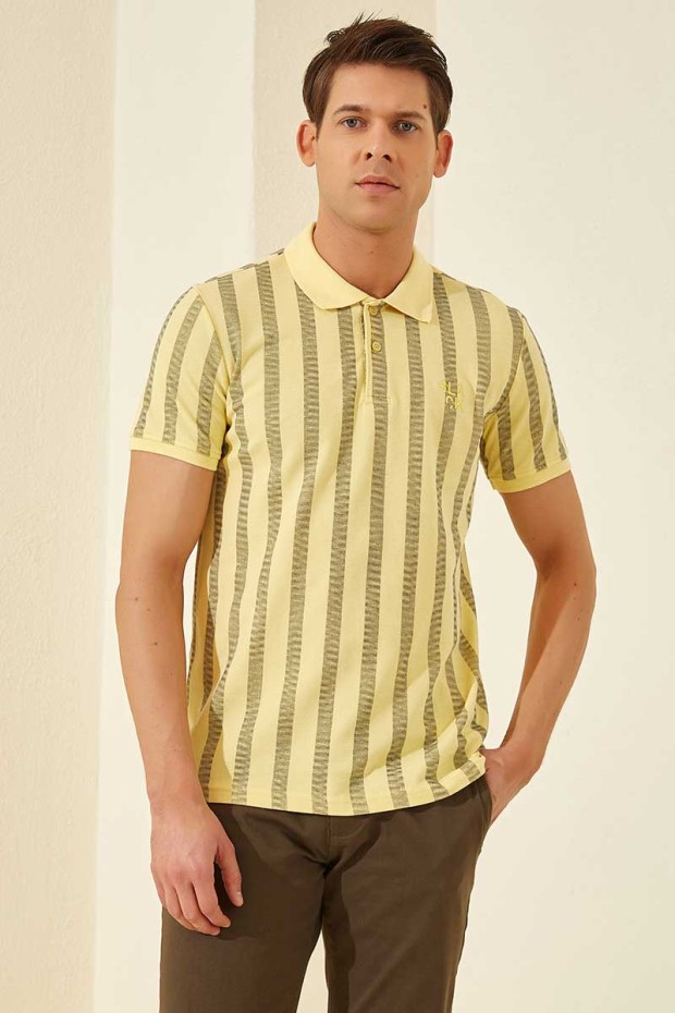 Sarı Desen Çizgili Standart Kalıp Polo Yaka Erkek T-Shirt - 87805