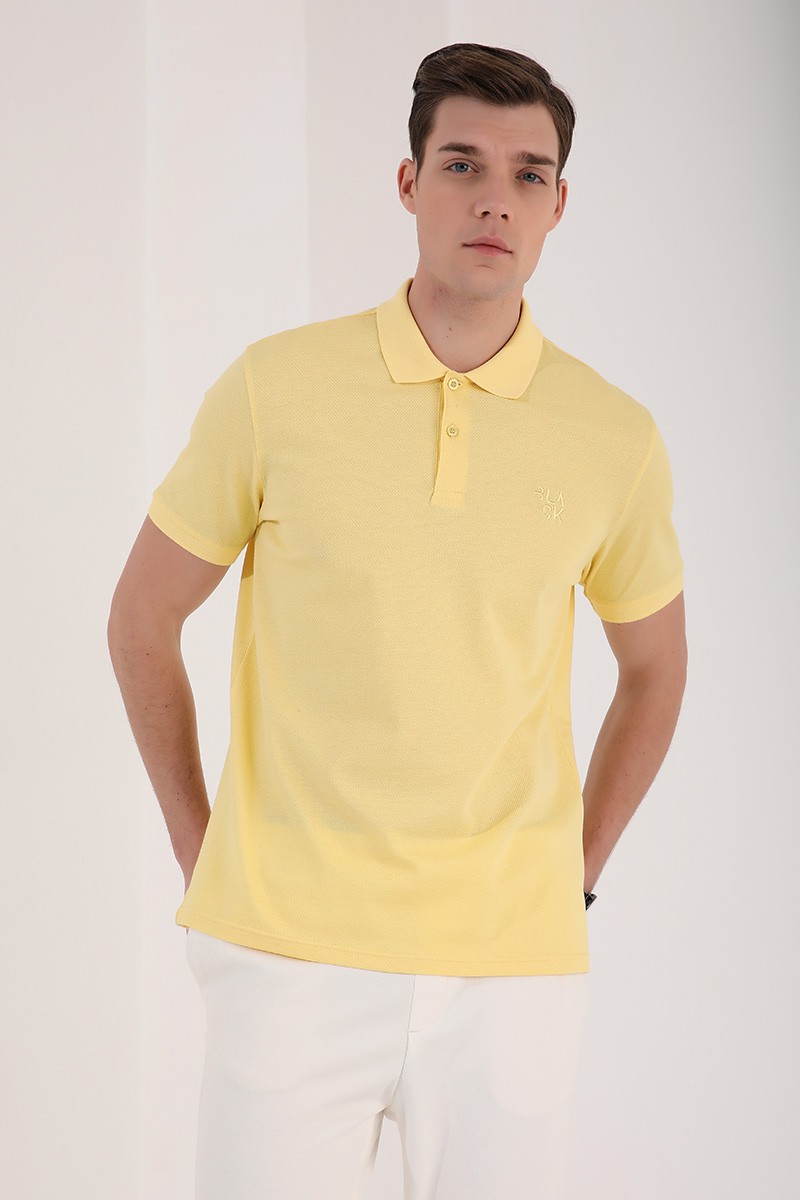 Sarı Klasik Black Yazı Nakışlı Standart Kalıp Polo Yaka Erkek T-Shirt - 87760