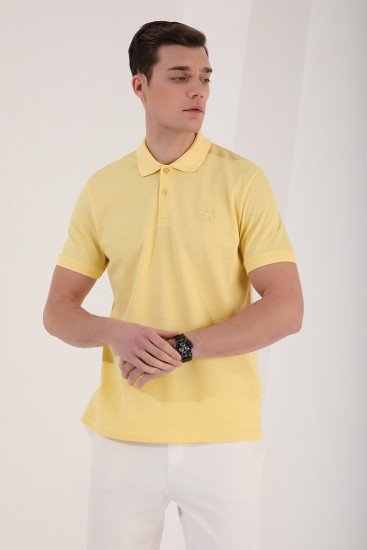 TommyLife - Sarı Klasik Black Yazı Nakışlı Standart Kalıp Polo Yaka Erkek T-Shirt - 87760