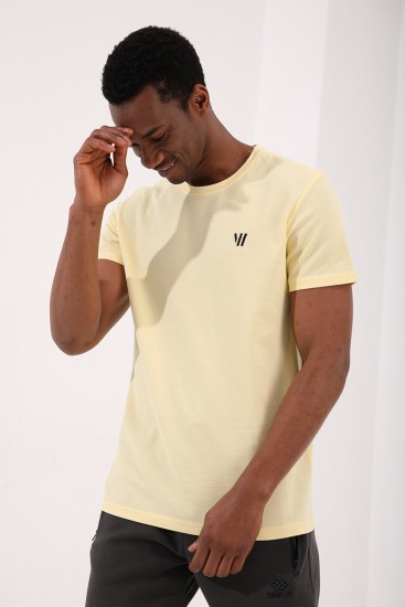 TommyLife - Sarı Petek Dokulu Çift Ok Logolu Standart Kalıp O Yaka Erkek T-Shirt - 87921