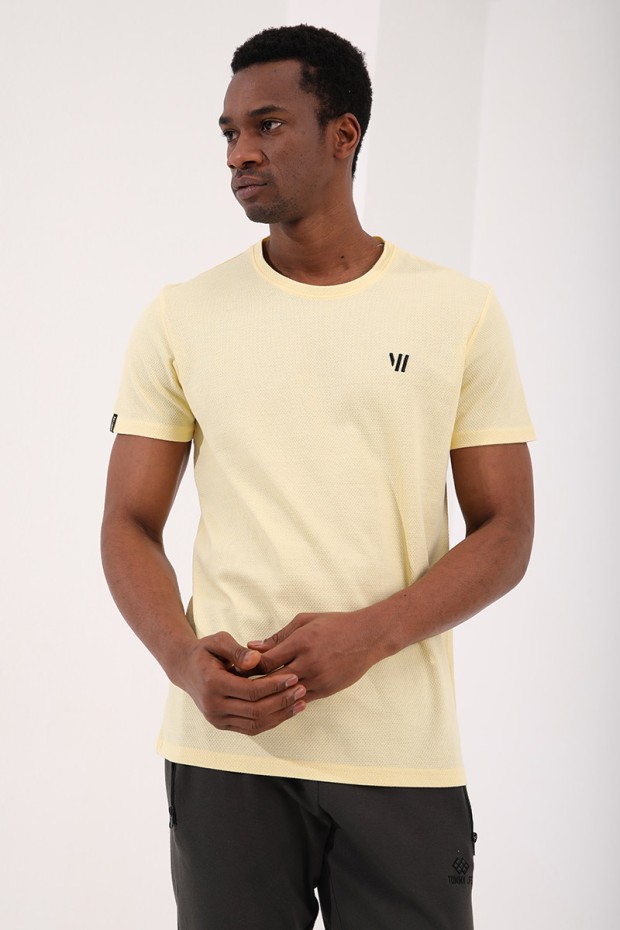 Sarı Petek Dokulu Çift Ok Logolu Standart Kalıp O Yaka Erkek T-Shirt - 87921