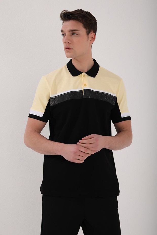 TommyLife - Sarı Renkli Baskı Şeritli Standart Kalıp Düğmeli Polo Yaka Erkek T-Shirt - 87945