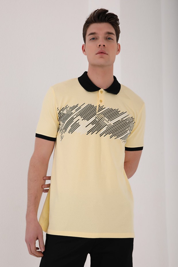 TommyLife - Sarı Sayı Detaylı Çizgi Baskılı Standart Kalıp Polo Yaka Erkek T-Shirt - 87955