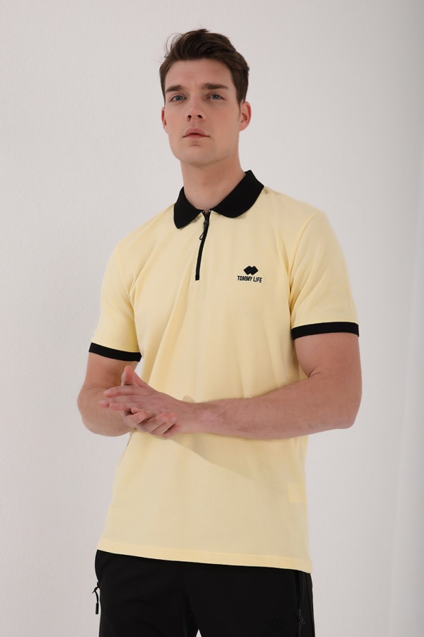 TommyLife - Sarı Yarım Fermuarlı Standart Kalıp Polo Yaka Erkek T-Shirt - 87961