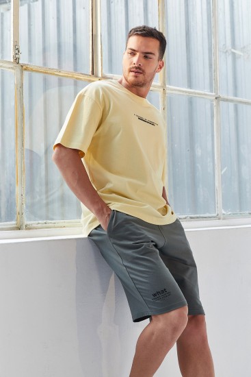 TommyLife - Sarı Yazı Baskılı O Yaka Erkek Oversize T-Shirt - 87984