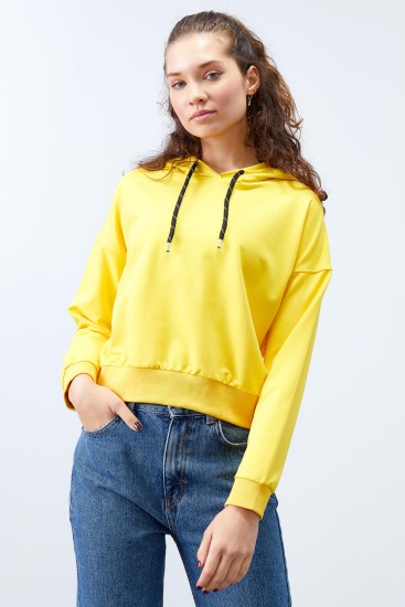 TommyLife - Sarı Uzun Kol Rahat Form Kapüşonlu Kadın Sweatshirt - 97115