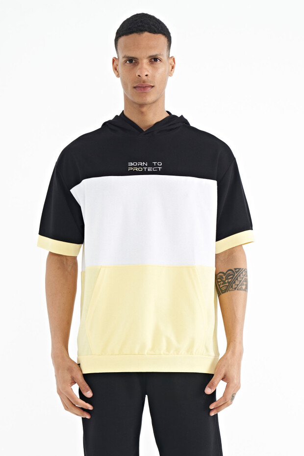Sarı Kapüşonlu Baskı Detaylı Oversize Erkek T-shirt - 88191