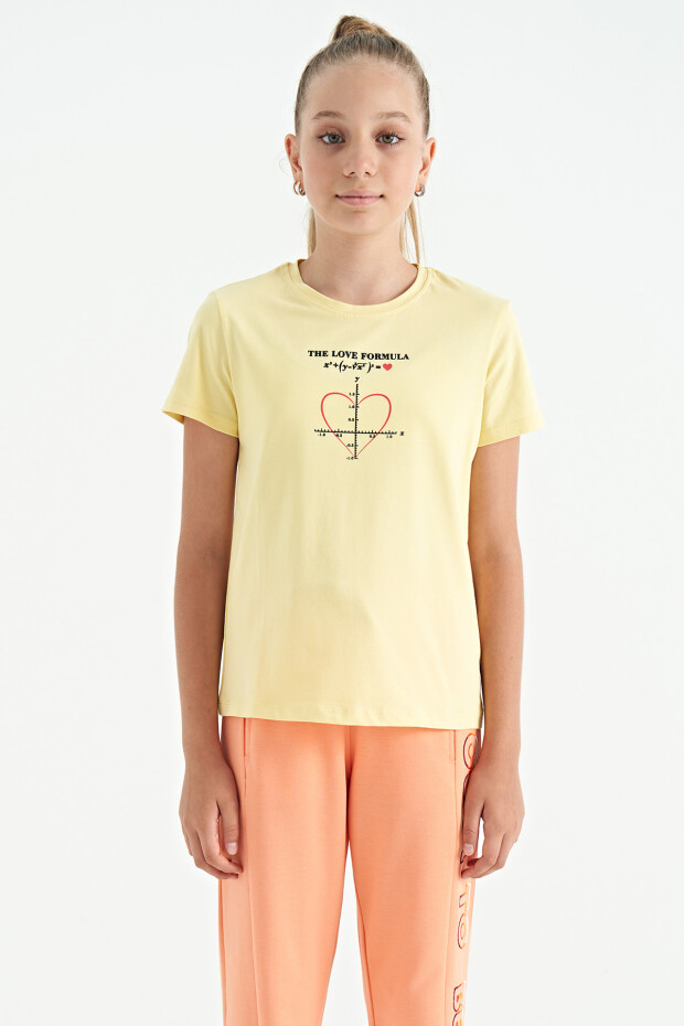 Sarı O Yaka Baskı Detaylı Rahat Kalıp Kız Çocuk T-Shirt - 75129