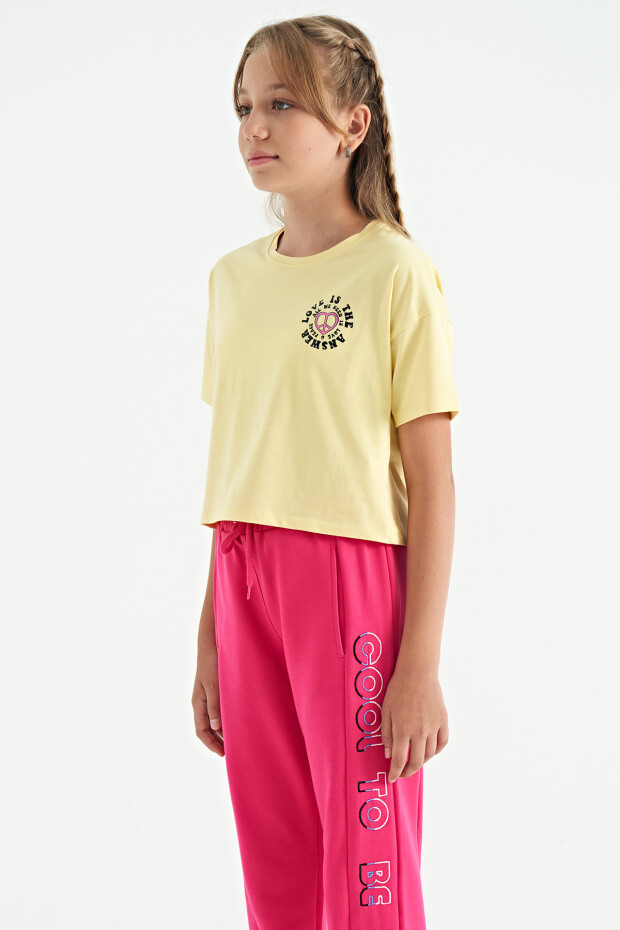 Sarı Ön Arka Baskılı O Yaka Düşük Omuz Oversize Kısa Kollu Kız Çocuk T-Shirt - 75126