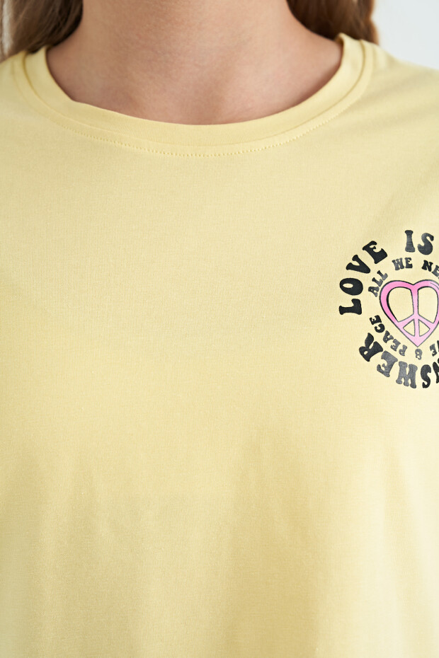 Sarı Ön Arka Baskılı O Yaka Düşük Omuz Oversize Kısa Kollu Kız Çocuk T-Shirt - 75126