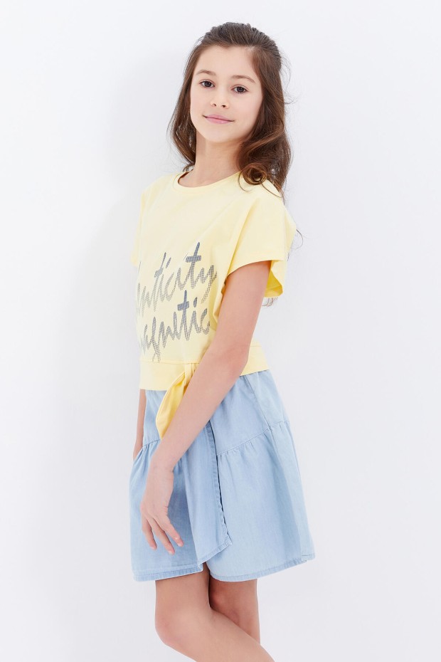 Sarı Oversize Yazı Baskılı Beli Bağlama Detaylı O Yaka Kız Çocuk T-Shirt - 75045