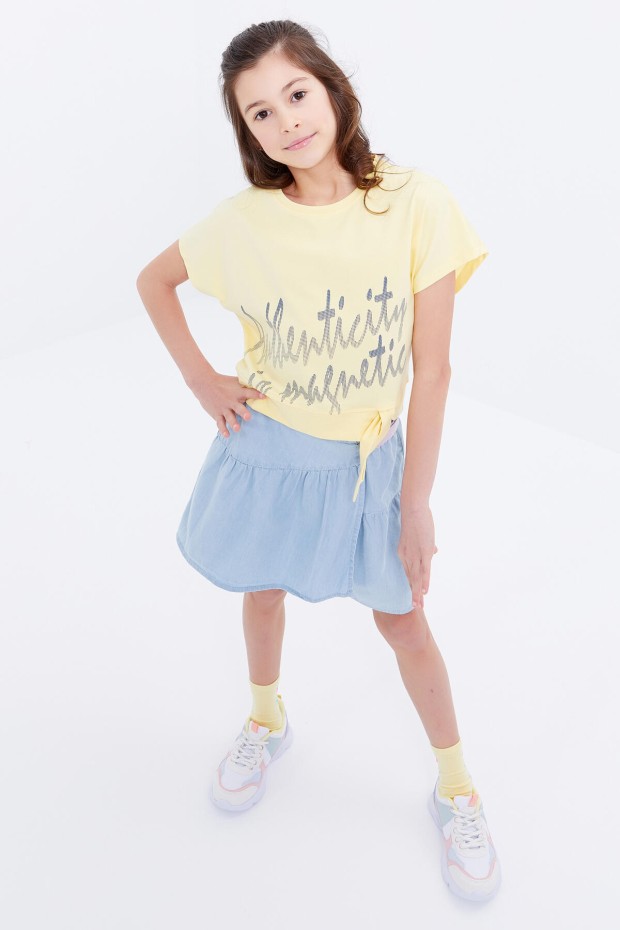 Sarı Oversize Yazı Baskılı Beli Bağlama Detaylı O Yaka Kız Çocuk T-Shirt - 75045