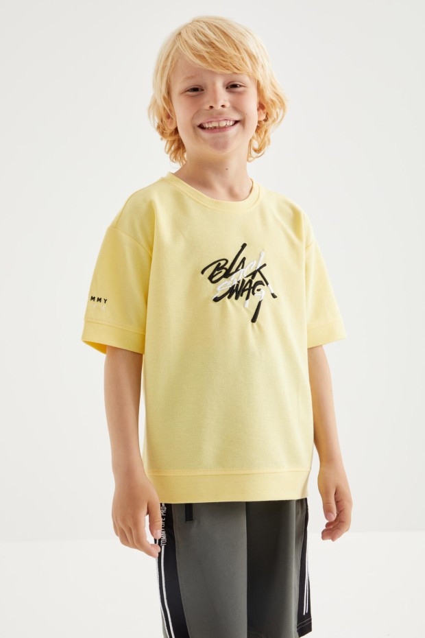 Tommy Life Sarı Oversize Yazı Nakışlı Kısa Kollu O Yaka Erkek Çocuk T-Shirt - 10898. 3