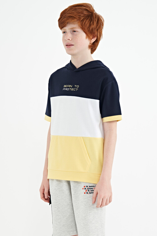 Sarı Renk Bloklu Kanguru Cepli Kapüşonlu Oversize Erkek Çocuk T-Shirt - 11150