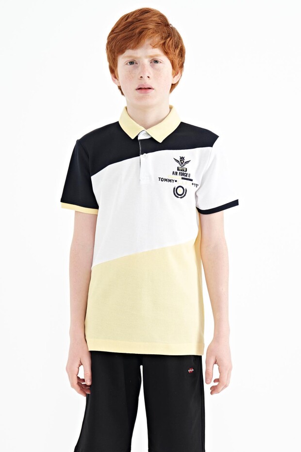 Sarı Renk Bloklu Nakış Detaylı Standart Kalıp Polo Yaka Erkek Çocuk T-Shirt - 11088