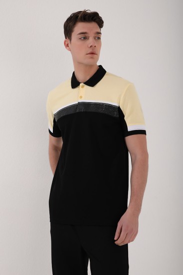 Sarı Renkli Baskı Şeritli Standart Kalıp Düğmeli Polo Yaka Erkek T-Shirt - 87945 - Thumbnail