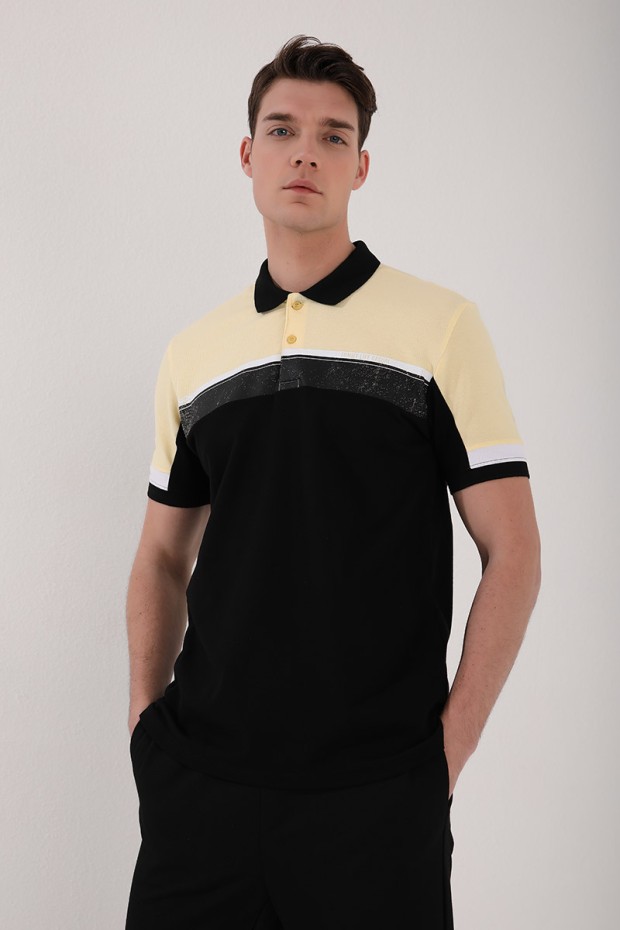 Sarı Renkli Baskı Şeritli Standart Kalıp Düğmeli Polo Yaka Erkek T-Shirt - 87945