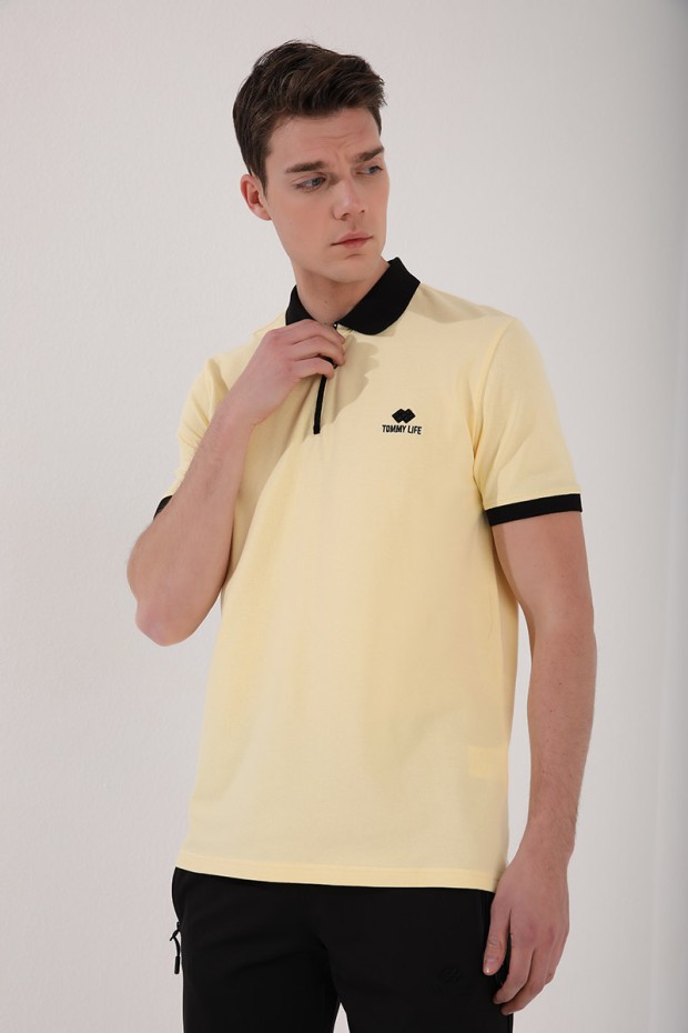 Sarı Yarım Fermuarlı Standart Kalıp Polo Yaka Erkek T-Shirt - 87961