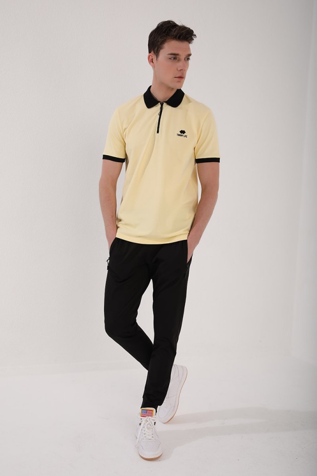Sarı Yarım Fermuarlı Standart Kalıp Polo Yaka Erkek T-Shirt - 87961