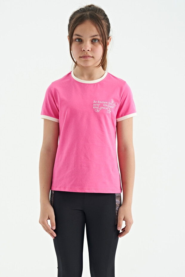 Şeker Pembe Minimal Yazı Baskılı O Yaka Rahat Form Kısa Kollu Kız Çocuk T-Shirt - 75110