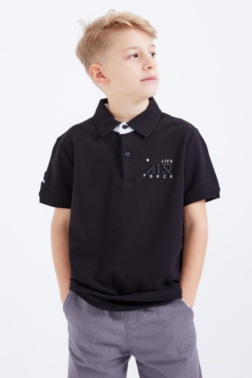 TommyLife - Siyah Air Yazılı Standart Kalıp Polo Yaka Erkek Çocuk T-Shirt - 10894