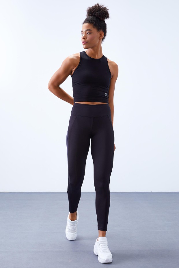 Siyah - Antrasit Yüksek Bel Şerit Detaylı Slim Fit Dar Paça Kadın Tayt - 94541