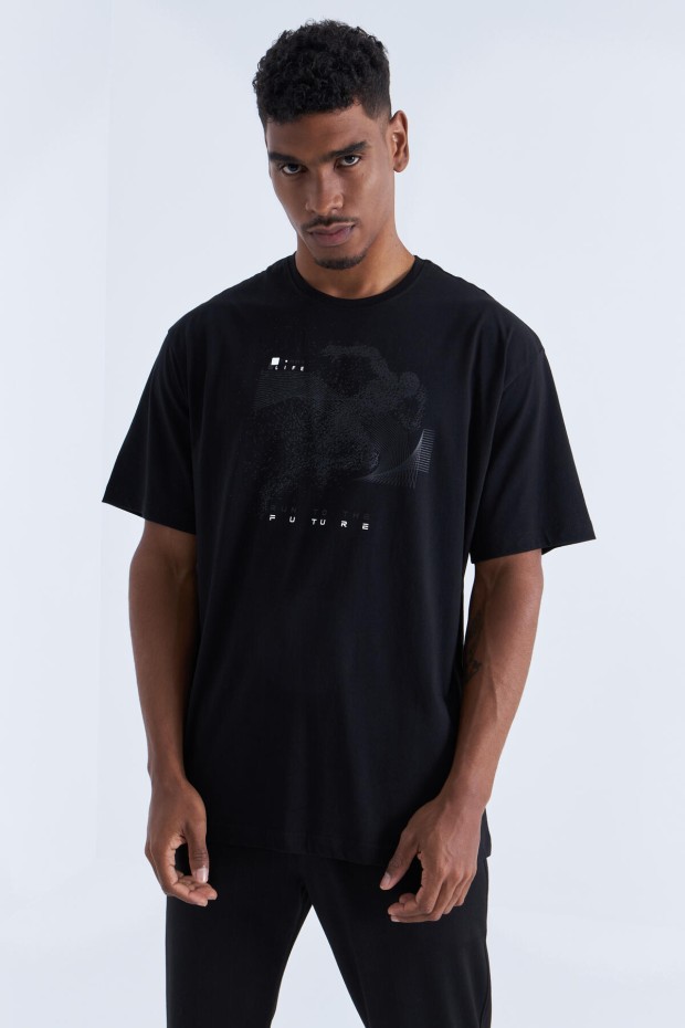 Siyah Baskı Detaylı O Yaka Erkek Oversize T-Shirt - 88093