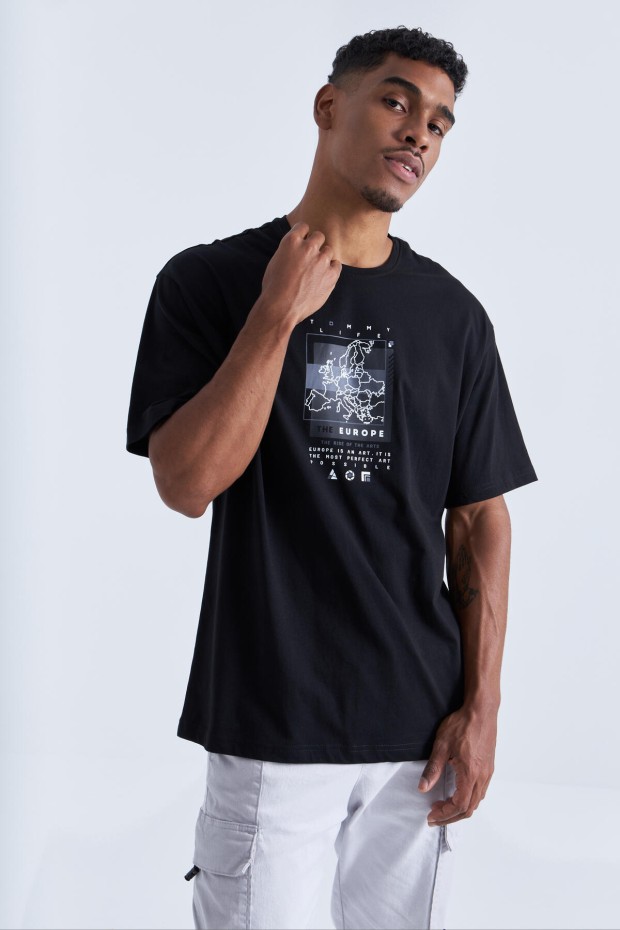 Siyah Baskı Detaylı O Yaka Erkek Oversize T-Shirt - 88094