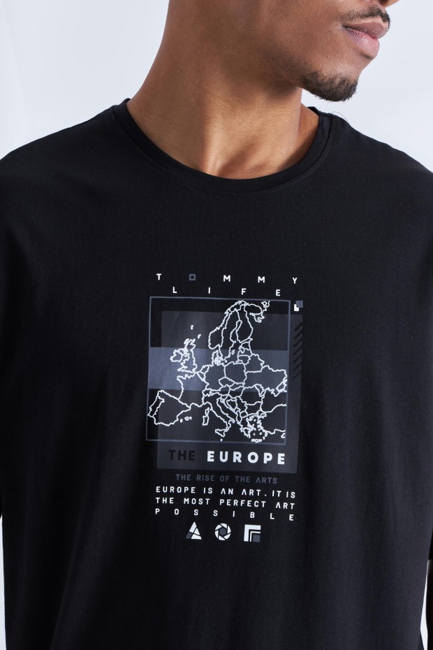 Siyah Baskı Detaylı O Yaka Erkek Oversize T-Shirt - 88094