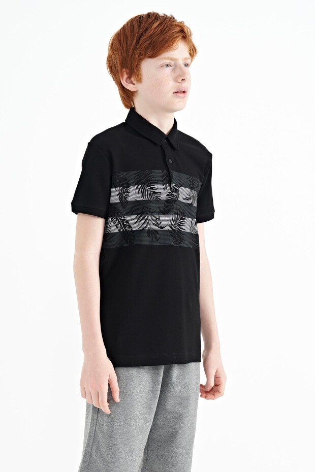 Siyah Baskı Detaylı Standart Kalıp Polo Yaka Erkek Çocuk T-Shirt - 11101