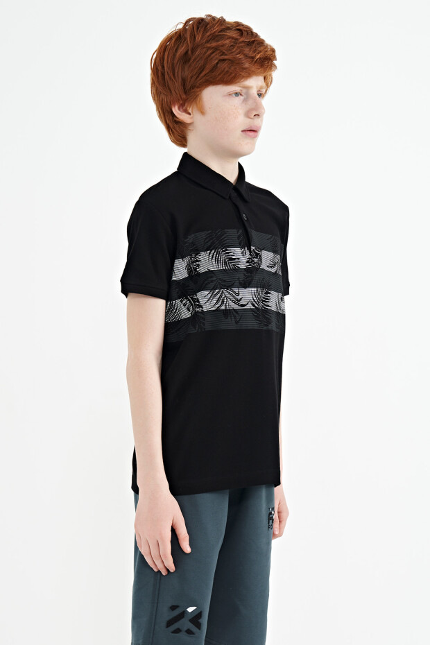 Siyah Baskı Detaylı Standart Kalıp Polo Yaka Erkek Çocuk T-Shirt - 11101