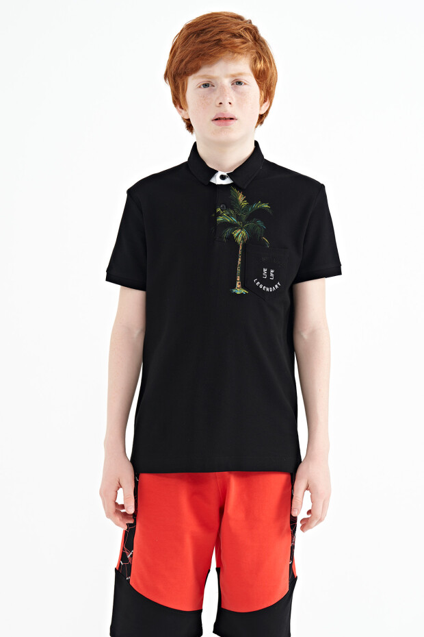 Siyah Baskılı Cep Detaylı Standart Kalıp Polo Yaka Erkek Çocuk T-Shirt - 11144