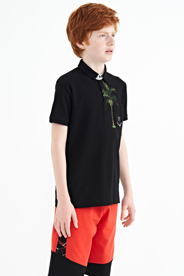 Siyah Baskılı Cep Detaylı Standart Kalıp Polo Yaka Erkek Çocuk T-Shirt - 11144