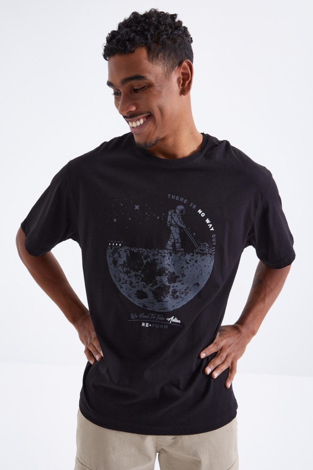 Siyah Baskılı O Yaka Erkek Oversize T-Shirt - 88098