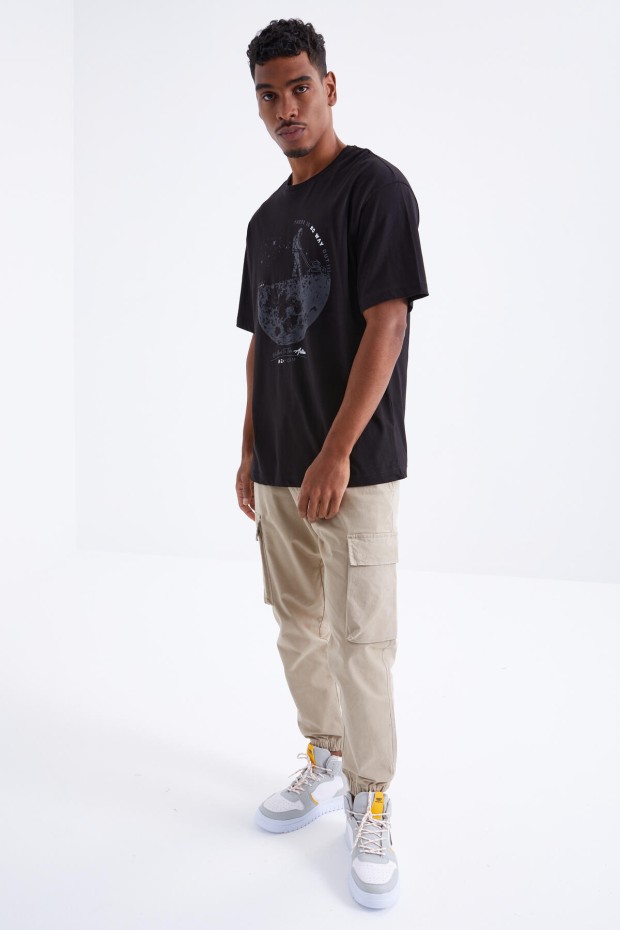 Siyah Baskılı O Yaka Erkek Oversize T-Shirt - 88098