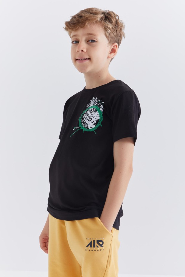 Siyah Baskılı O Yaka Kısa Kollu Standart Kalıp Erkek Çocuk T-Shirt - 10867