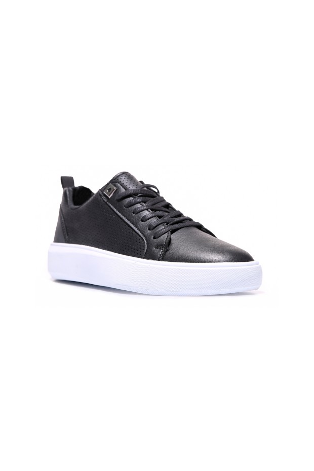 Siyah - Beyaz Delikli Bağcıklı Suni Deri Erkek Spor Ayakkabı - 89055