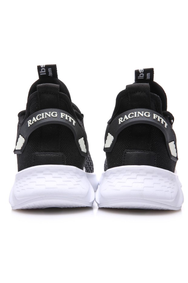 Siyah - Beyaz Lastik Bağcıklı Çizgi Detaylı Yüksek Taban Erkek Spor Ayakkabı - 89067