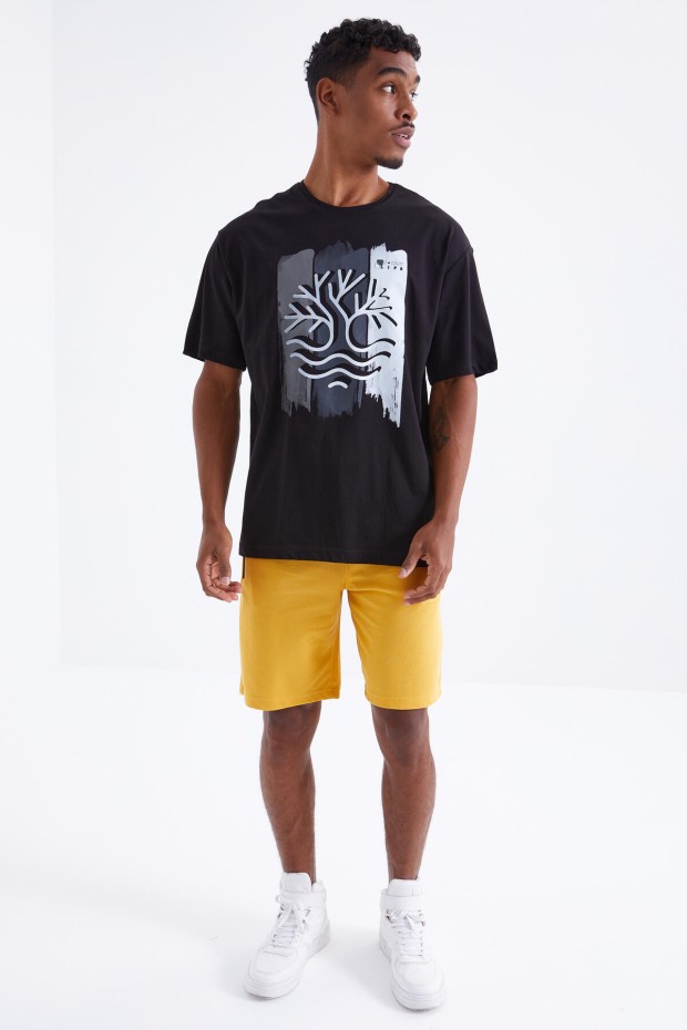 Siyah Büyük Baskılı O Yaka Erkek Oversize T-Shirt - 88095