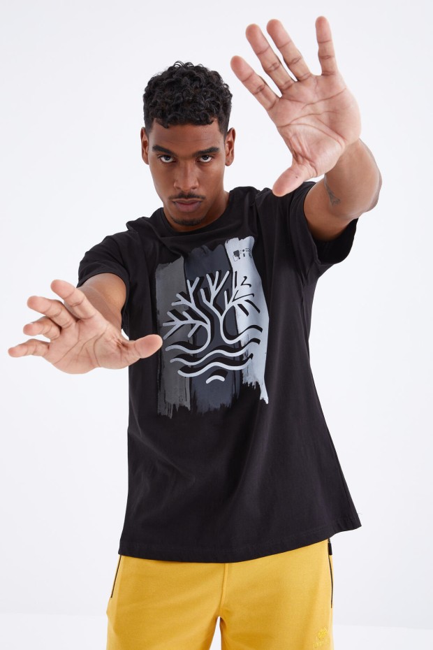 Siyah Büyük Baskılı O Yaka Erkek Oversize T-Shirt - 88095