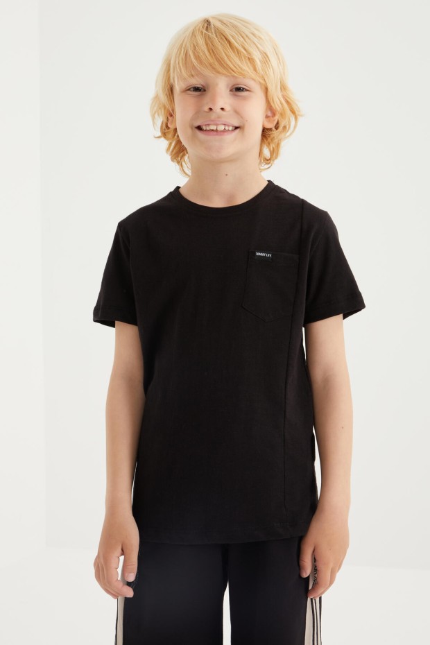 Tommy Life Siyah Cep Detaylı Basic Kısa Kol O Yaka Erkek Çocuk T-Shirt - 10857. 3