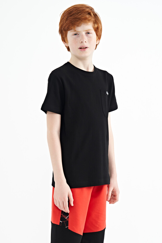 Siyah Cep Detaylı O Yaka Standart Kalıp Erkek Çocuk T-Shirt - 11120