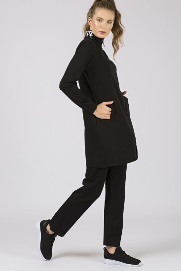 Siyah Dik Yaka Baskılı Standart Kalıp Klasik Paça Kadın Eşofman Tunik Takım - 95209 - Thumbnail