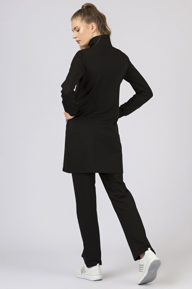 Siyah Dik Yaka Fermuarlı Standart Kalıp Klasik Paça Kadın Eşofman Tunik Takım - 95207