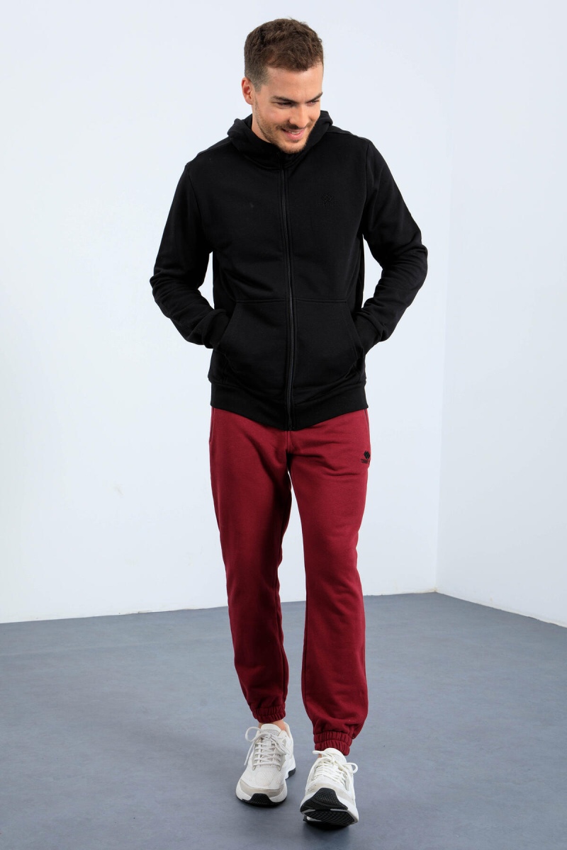 Siyah Basic Kapüşonlu Rahat Form Nakış Detaylı Fermuarlı Erkek Sweatshirt - 88035 - Thumbnail