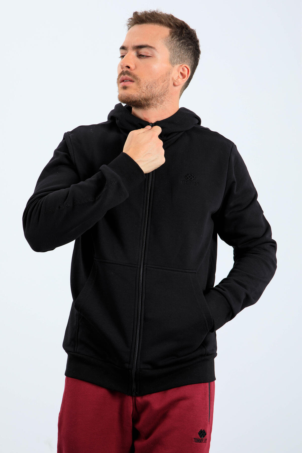 Siyah Basic Kapüşonlu Rahat Form Nakış Detaylı Fermuarlı Erkek Sweatshirt - 88035