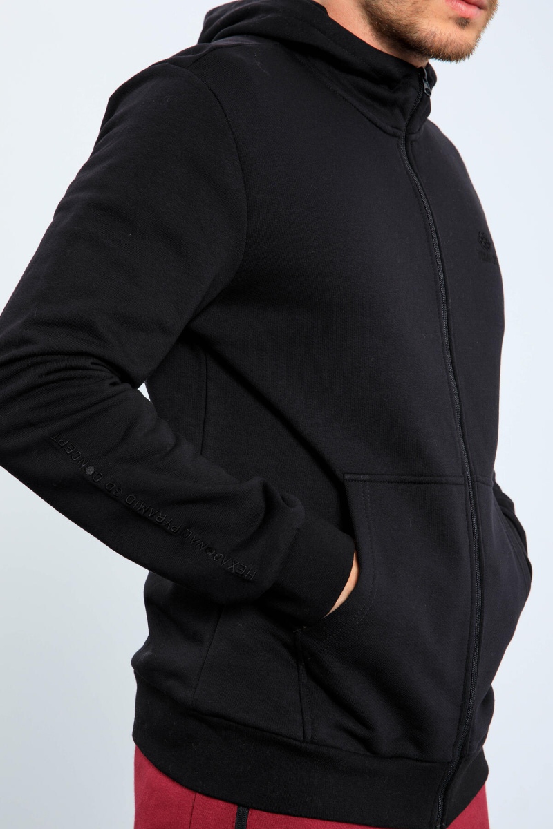Siyah Basic Kapüşonlu Rahat Form Nakış Detaylı Fermuarlı Erkek Sweatshirt - 88035 - Thumbnail