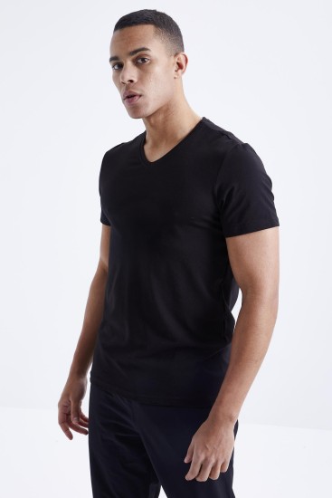 TommyLife - Siyah Basic Kısa Kol Standart Kalıp V Yaka Erkek T-Shirt - 87912