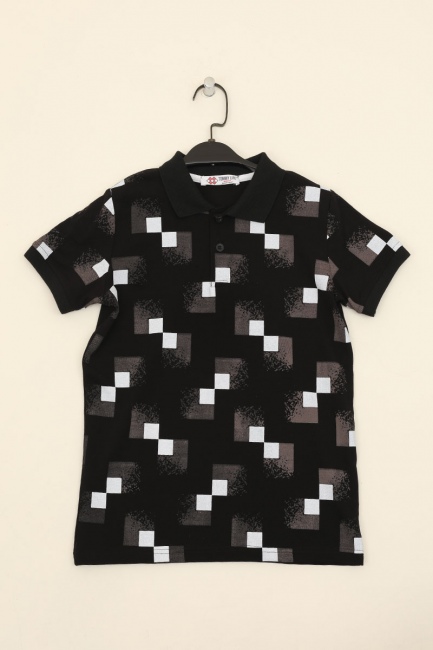 Siyah Erkek Çocuk Desen Baskılı Dar Kalıp Polo Yaka T-Shirt-10531 - Thumbnail
