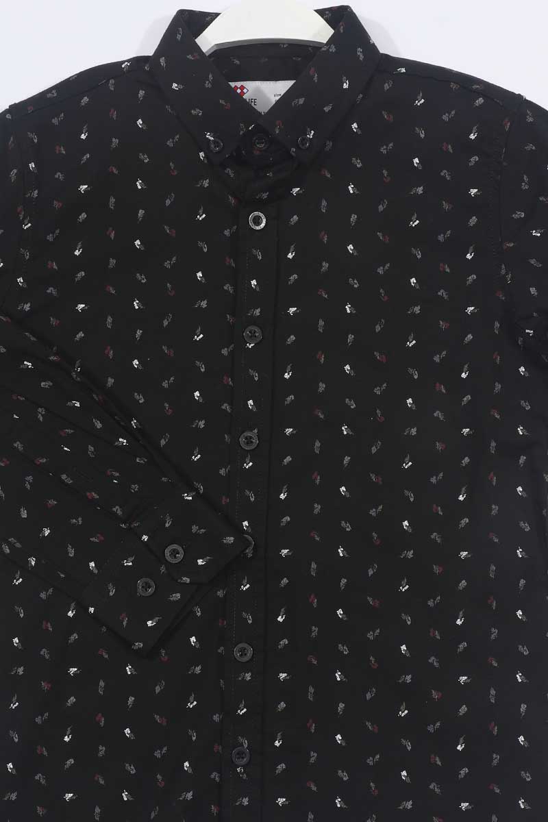 Siyah Erkek Çocuk Yaprak Desenli Uzun Kol Dar Kalıp Gömlek - 10583